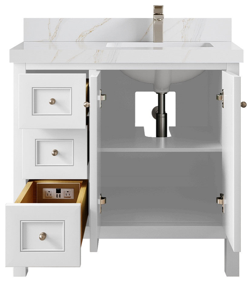 Nashville 36" Right Offset Bath Vanity, White 2" Calacatta Sienna