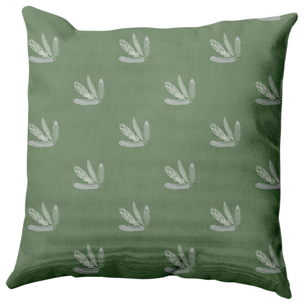 Feather Pattern Decorative Throw Pillow, Muted Green, 20"x20"