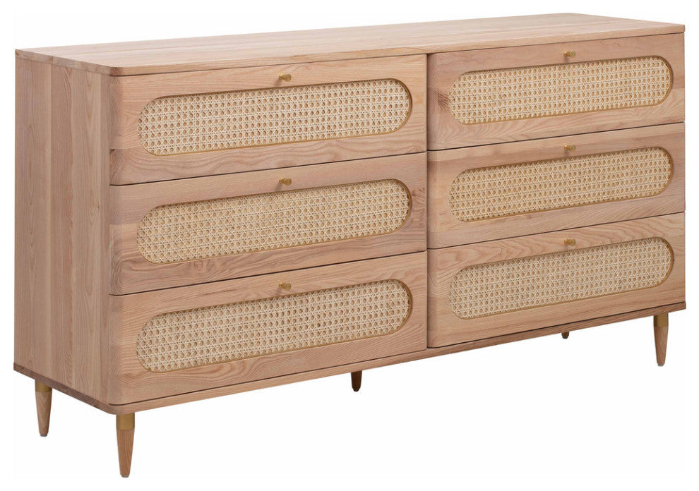 Carmen Cane 6 Drawer Dresser, Rattan Wicker Ash Wood Sideboard