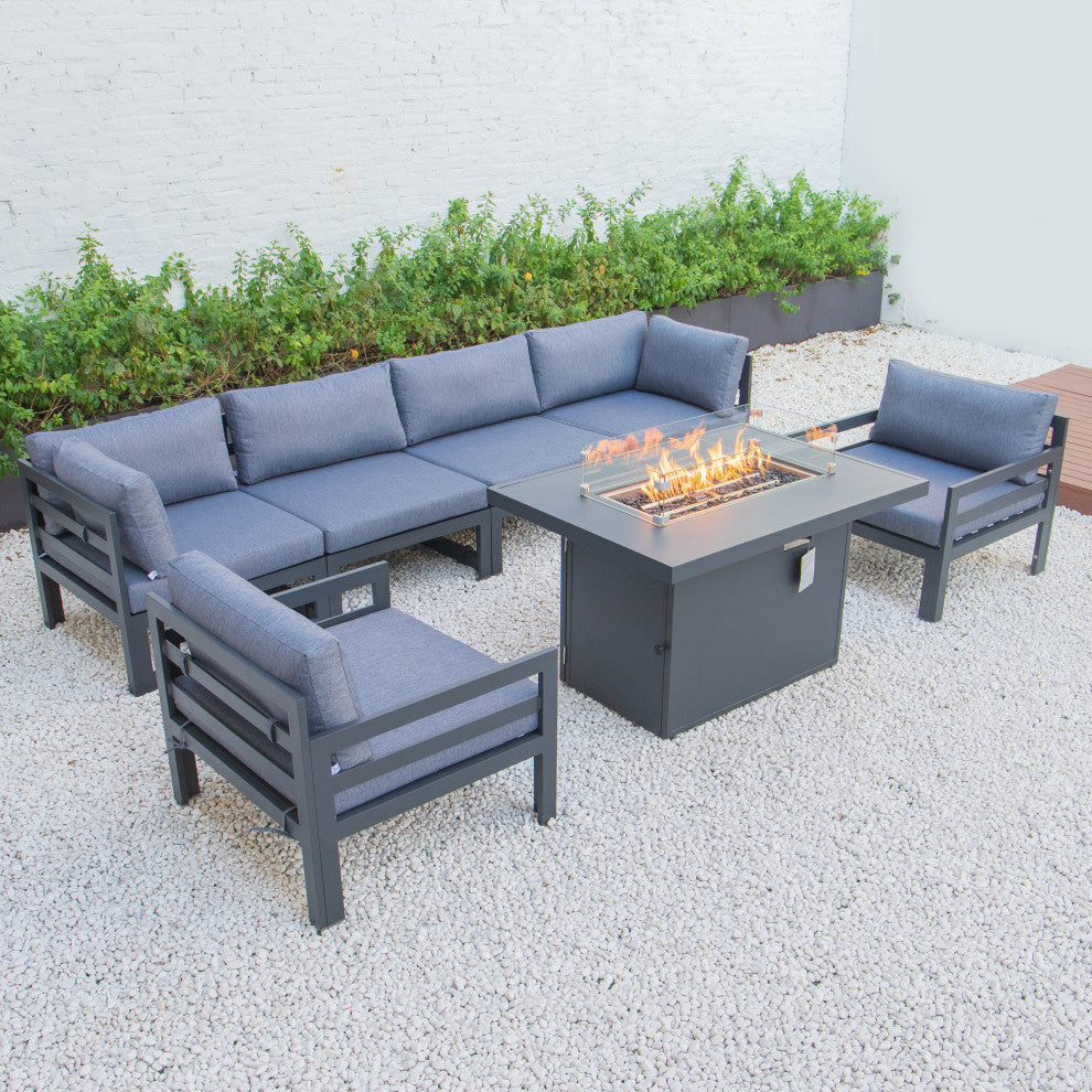 LeisureMod Chelsea 7-Piece Outdoor Sectional With Fire Pit Table, Blue