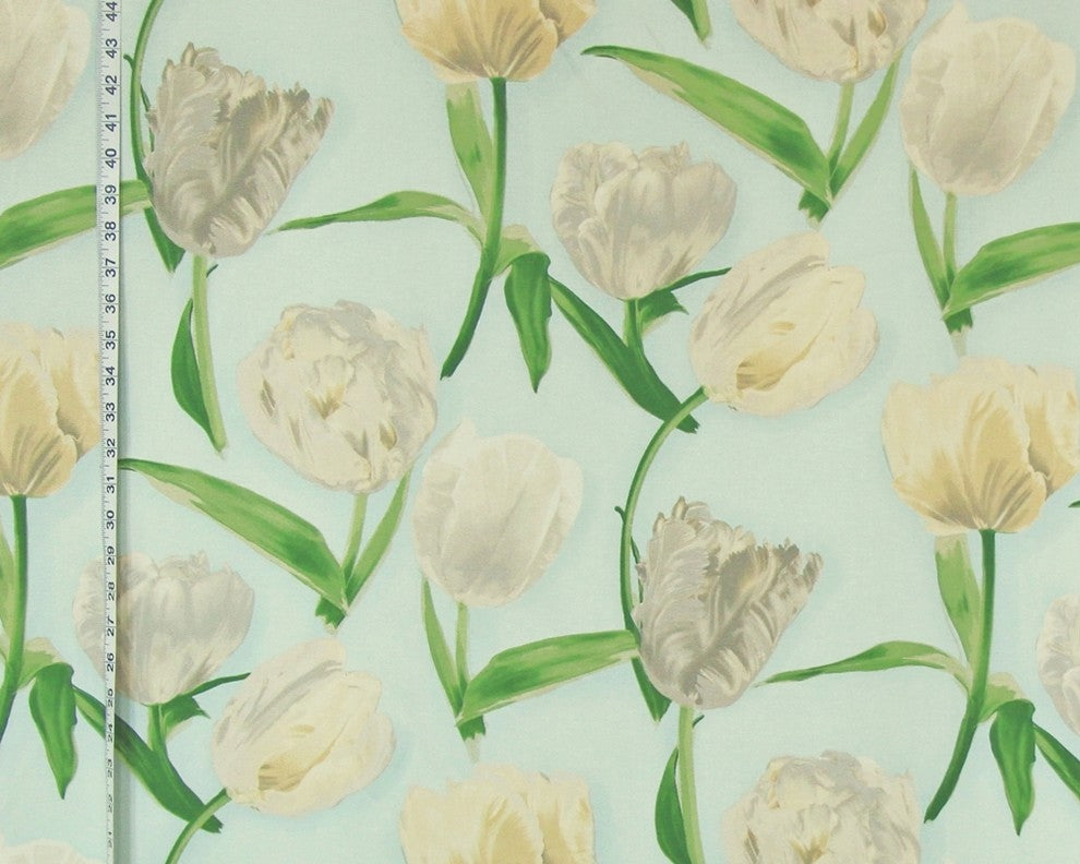 Cream White Tulip Fabric Blue Spring Sky, Sample Cut