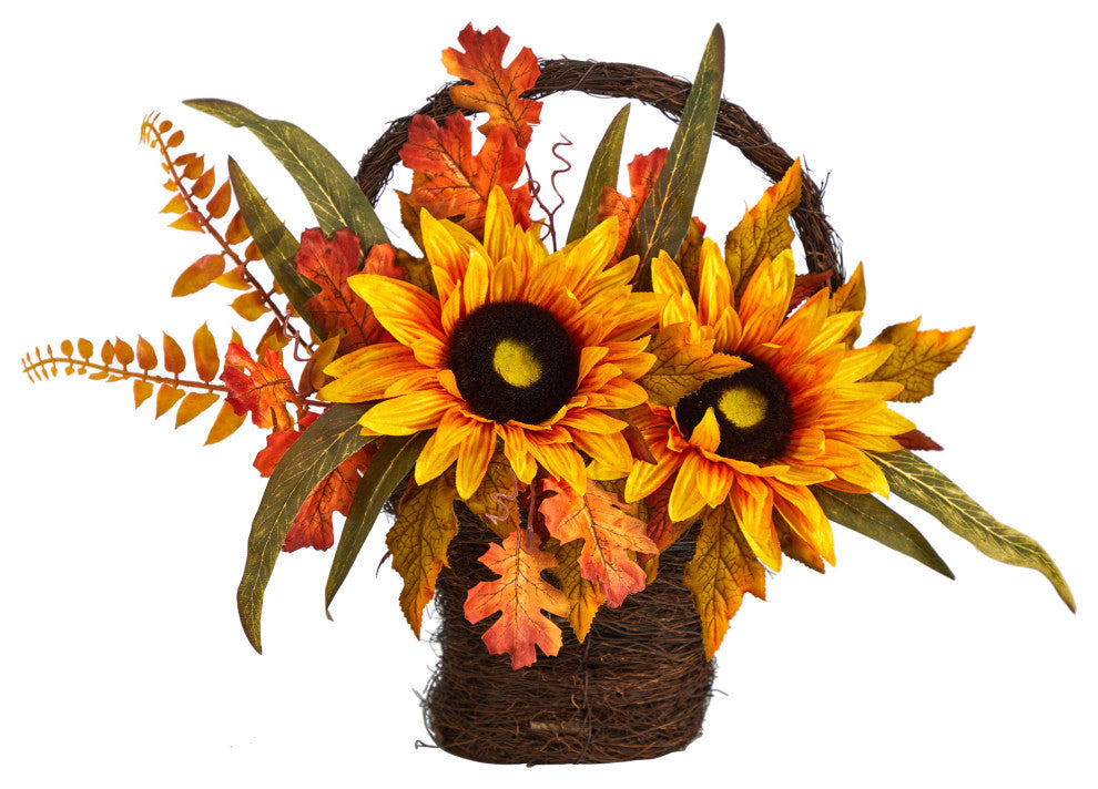 16" Fall Sunflower Artificial Autumn Arrangement, Decorative Basket