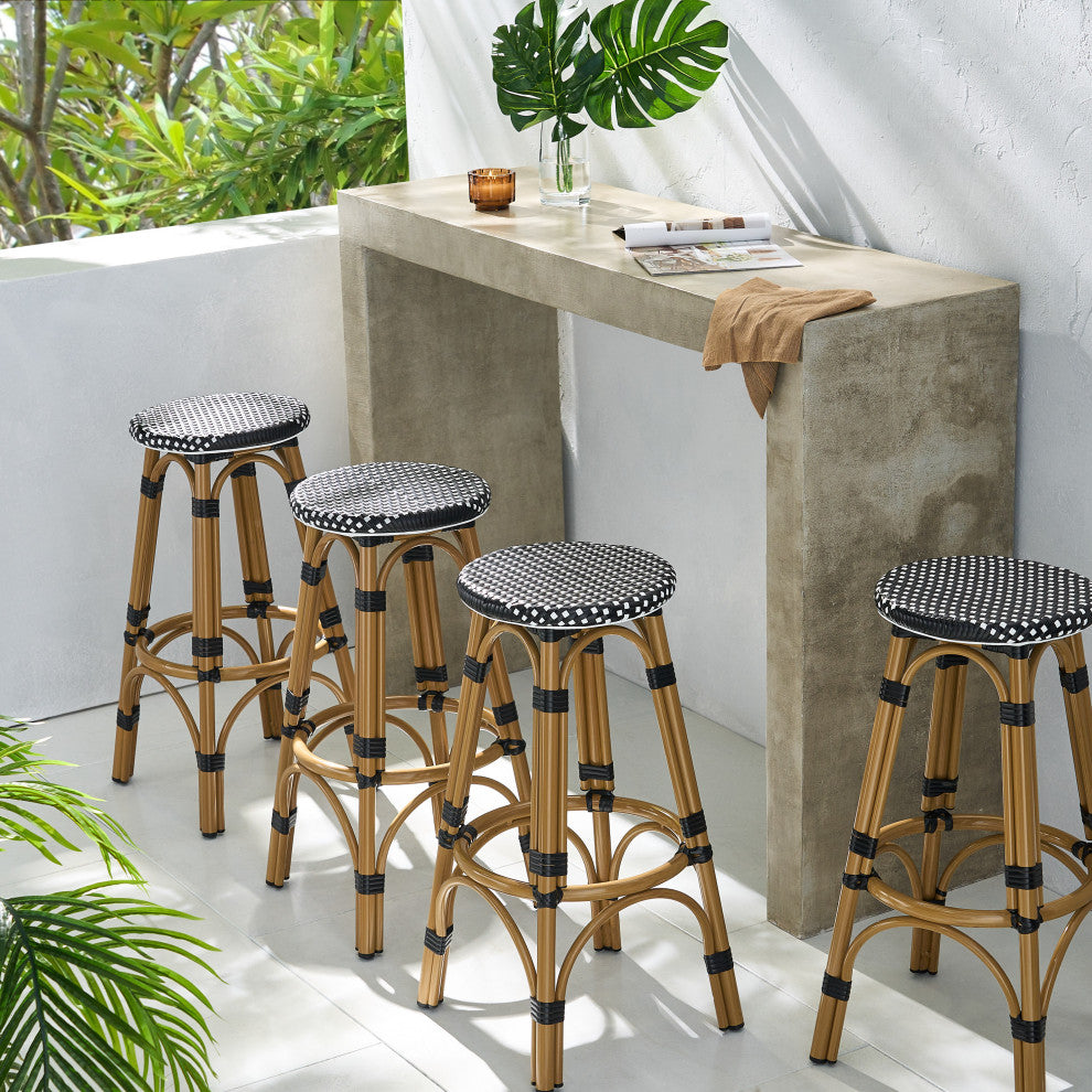 Dohney Outdoor French Aluminum 29.5" Barstools, Set of 4, Black/White/Bamboo Finish
