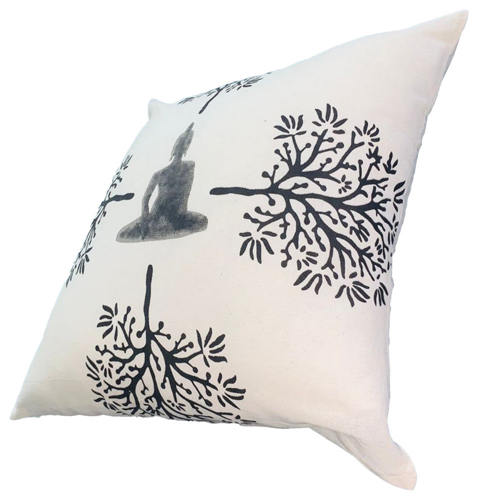 Benzara UPT-268962 Square Accent Throw Pillow, Meditating Buddha, Gray/White
