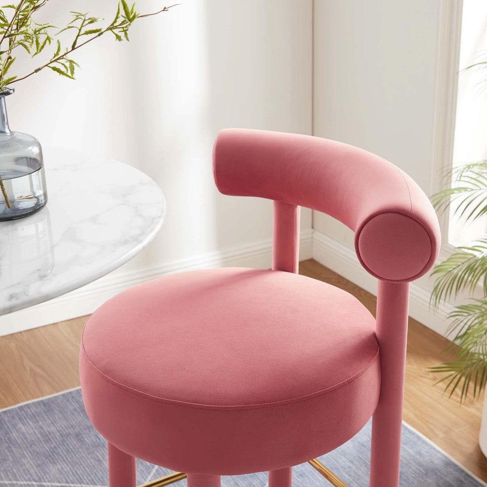Toulouse Performance Velvet Bar Stool, Curved Round Bolster Kitchen Stool, Pink
