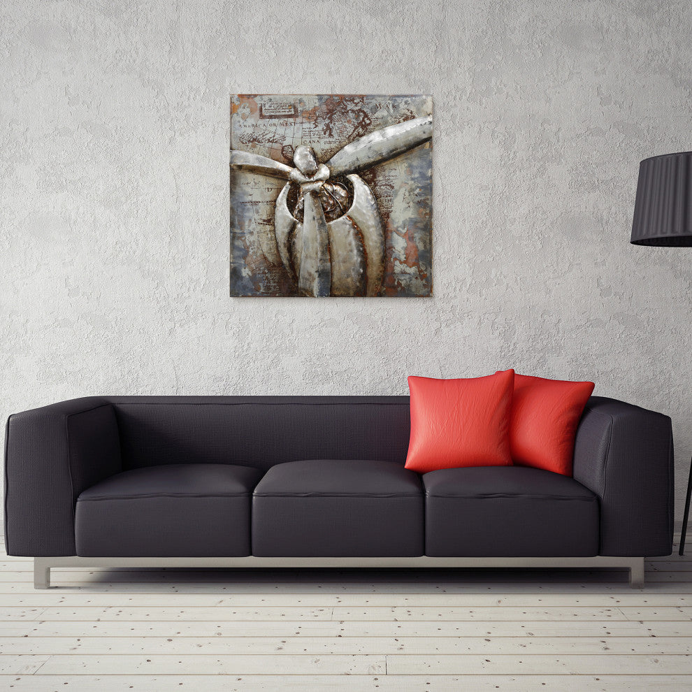 "Retro Airplane 1" Primo Mixed Media Hand Painted Iron Wall Sculpture, 32"x32"