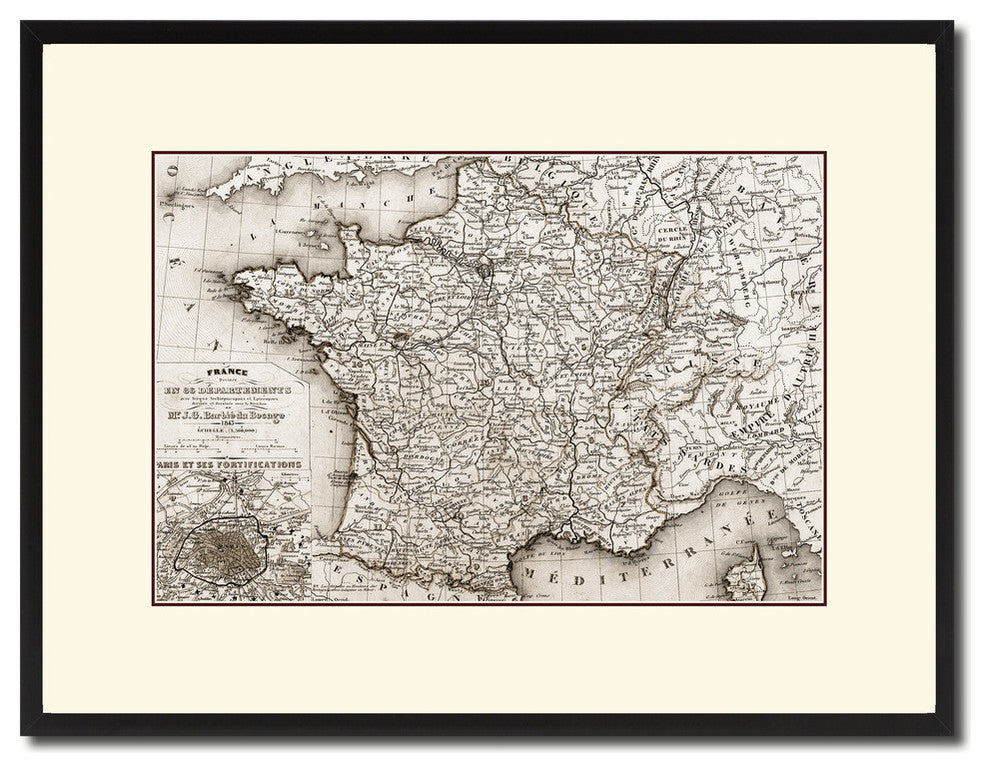 France Departments Old Sepia Map Print On Canvas With Black Frame, 16" X 21"