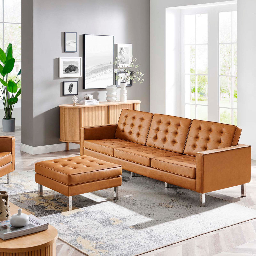 Loft Tufted Vegan Leather Sofa and Ottoman Set, Silver Tan