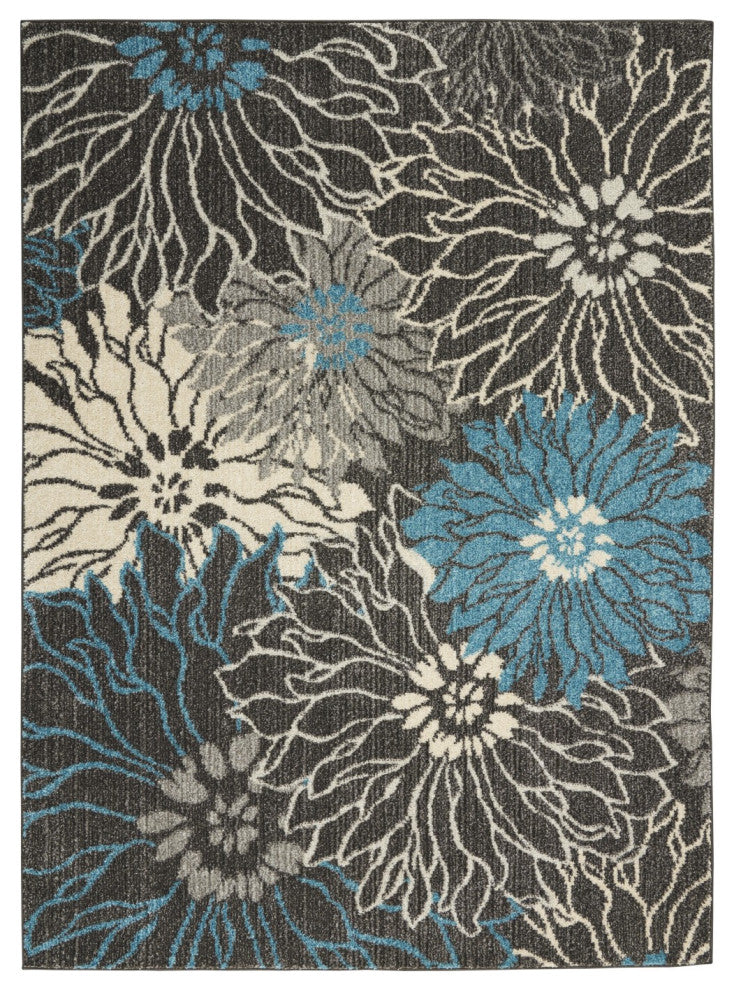 5' X 7' Blue And Gray Floral Power Loom Area Rug