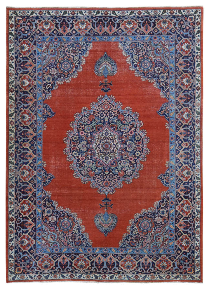 Orange Antique Persian Tabriz Medallion Design Hand Knotted Wool Rug 8'8"x12'
