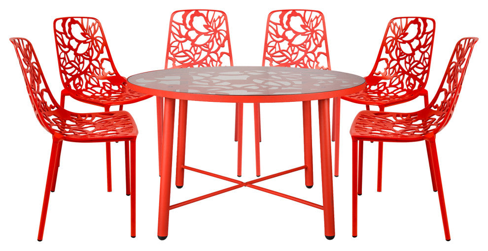 Leisuremod Devon 7-Piece Aluminum Dining Set With Table and 6 Chairs, Red
