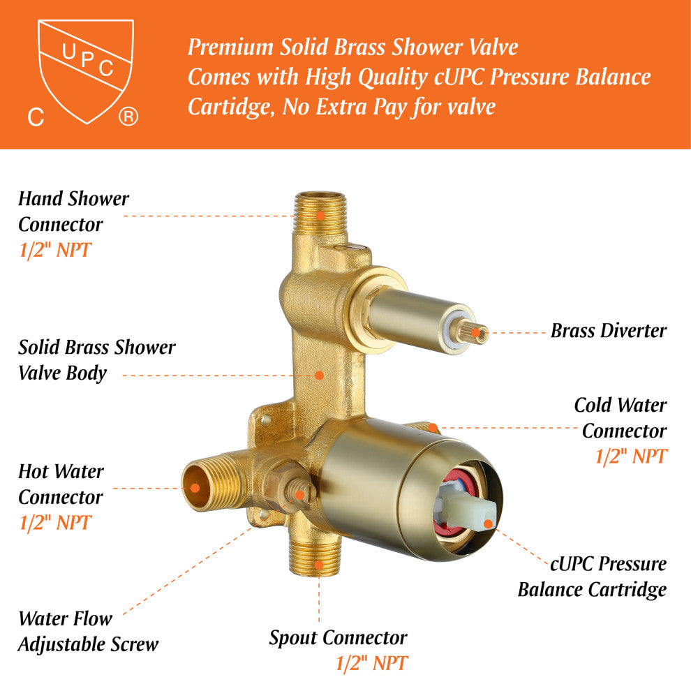 Wellfor Shower Faucet Set, Handheld Shower and Waterfall Tub Spout, Brushed Gold