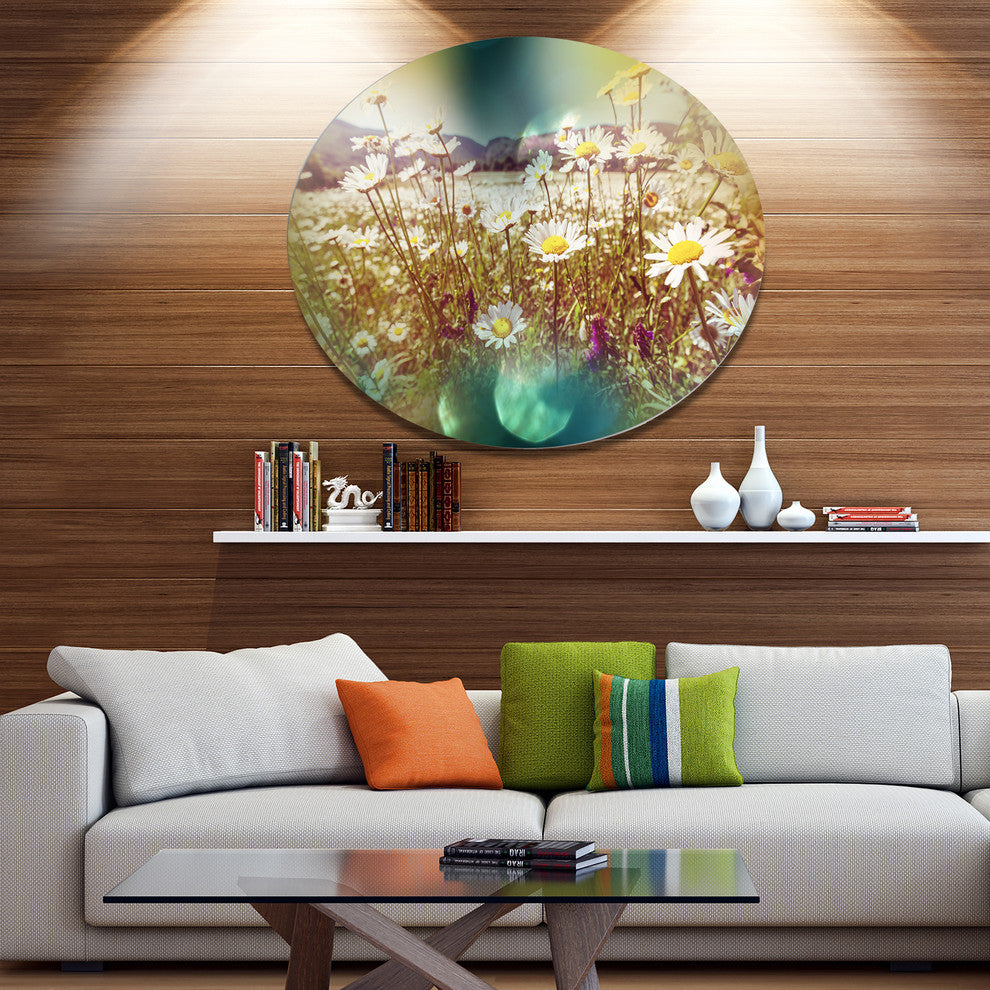 Chamomile Flowers In Summer Garden, Landscape Round Metal Wall Art, 11"