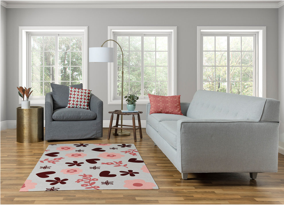 Flowery Love Valentines Chenille Rug, Gray, 4'x6'