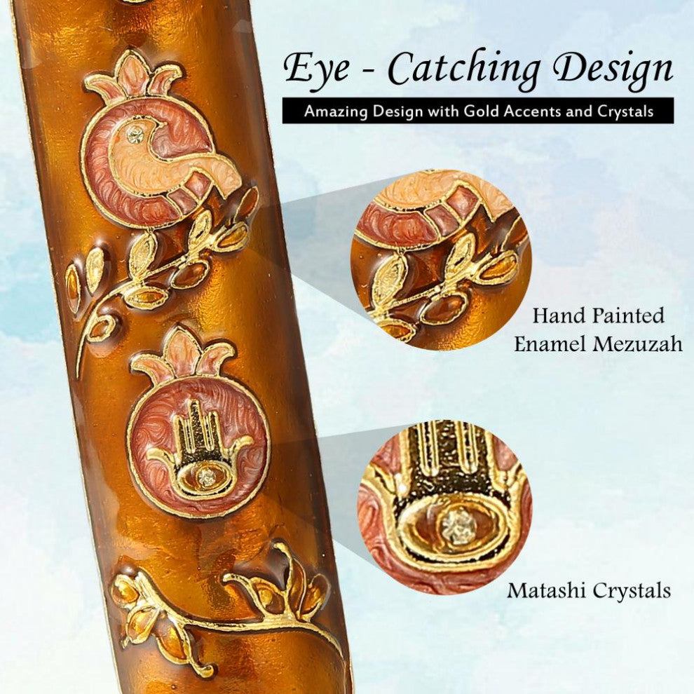 Matashi Hand Painted Enamel Mezuzah With Dove and Hamsa Design With Crystals
