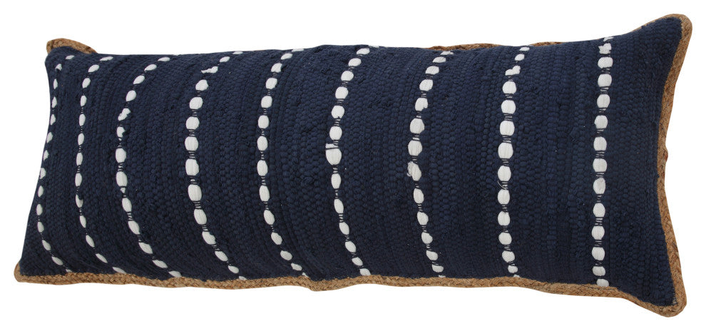 Ox Bay Handwoven Blue/White Bordered Cotton Blend Pillow Cover, 14"x36"