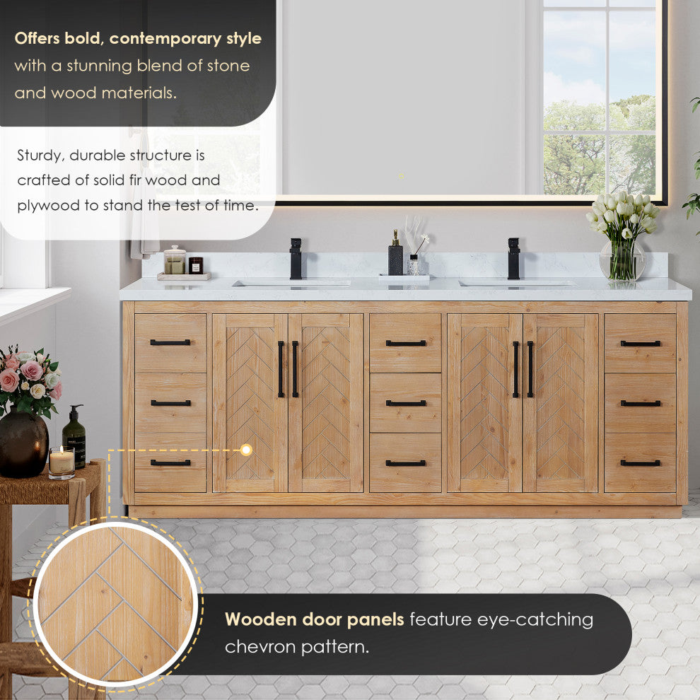 Anais Vanity Grain White Engineered Stone Countertop, Light Brown, 84", With Mirror