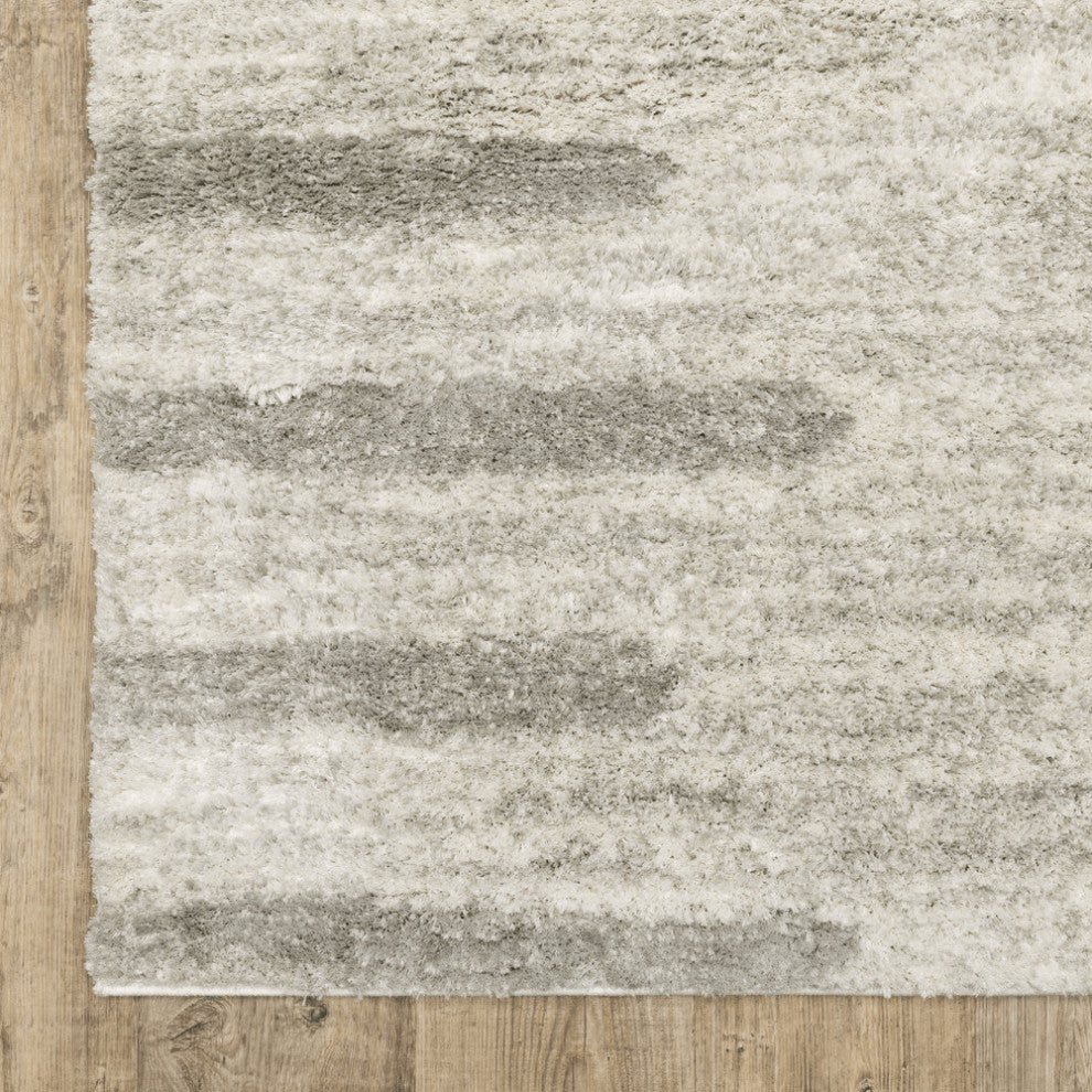 2' X 8' Ivory And Grey Geometric Shag Power Loom Stain Resistant Runner Rug