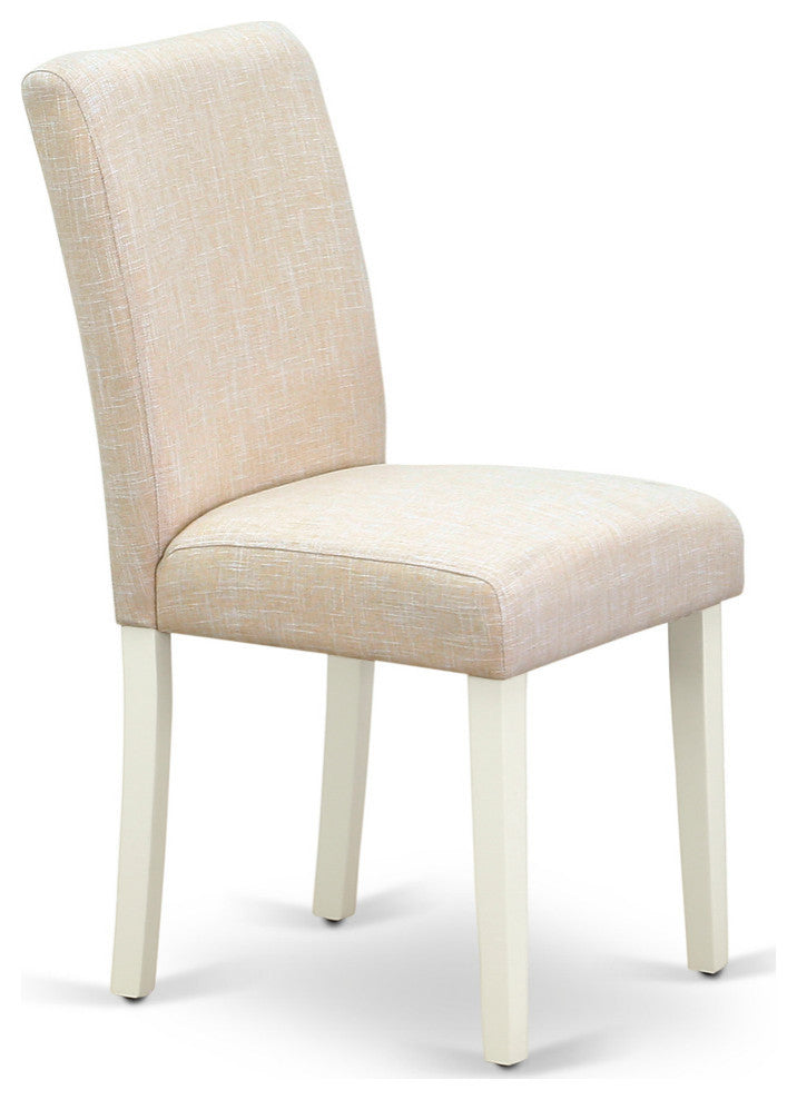 5Pc Rounded 42" Dining Table, Four Parson Chair, White Leg, Fabric Light Beige
