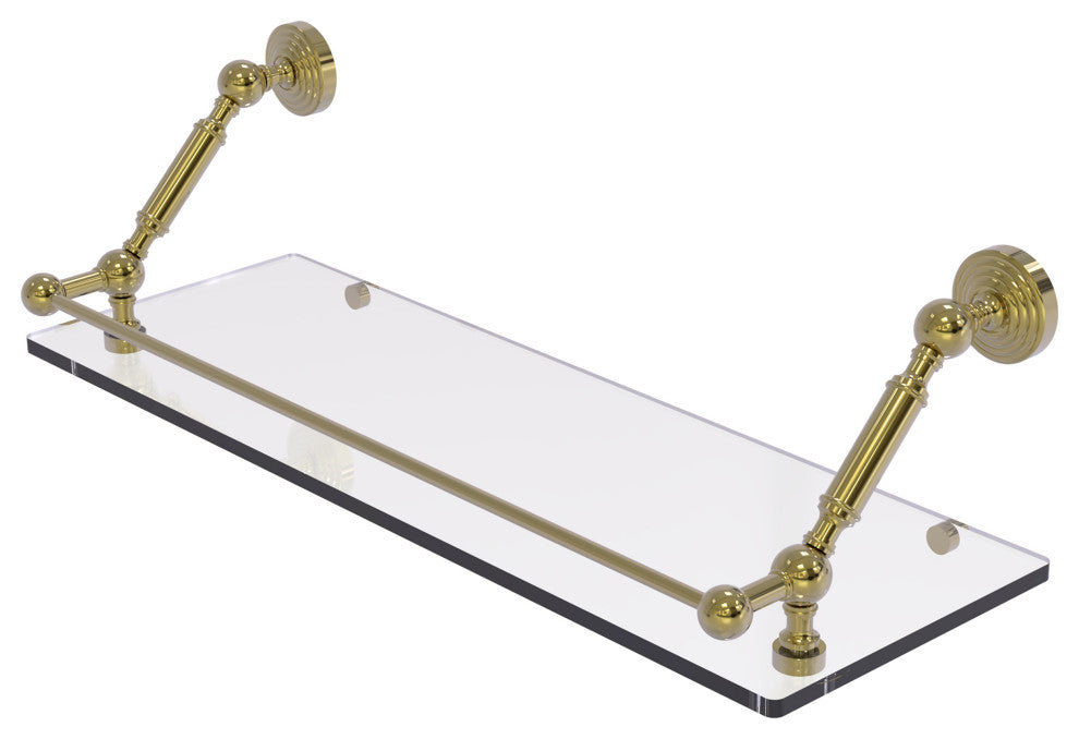 Waverly Place 24" Floating Glass Shelf with Gallery Rail, Unlacquered Brass