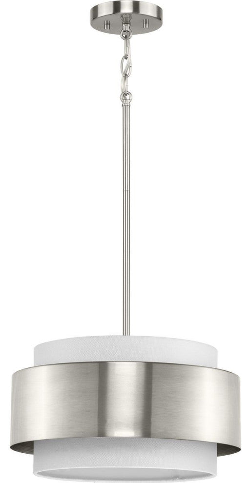 Silva Collection Three-Light Brushed Nickel White Linen Shade Pendant