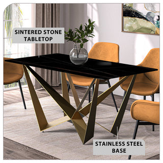 LeisureMod Nuvor Dining Table With Rectangular Top and Gold Steel Base, Black/Gold, 55 Inch