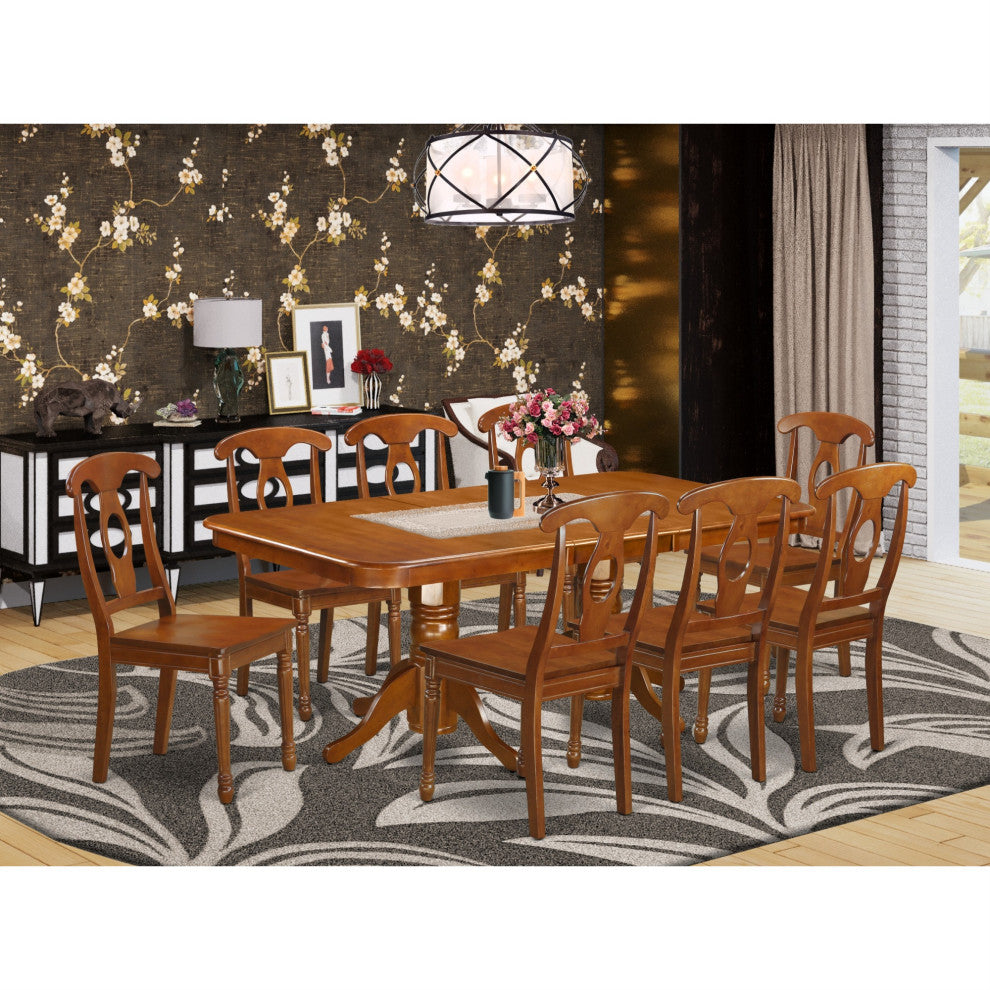 Nana9-Sbr-W, 9-Piece Dining Room Set Table With Leaf and 8 Dining Chairs