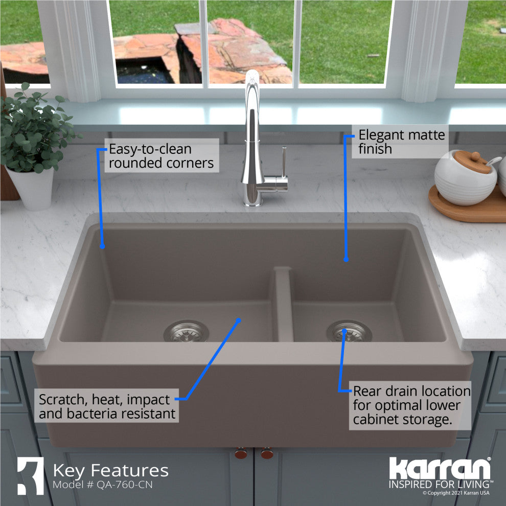 Karran Farmhouse Quartz 34" Double Offset Bowl Sink Kit, Concrete