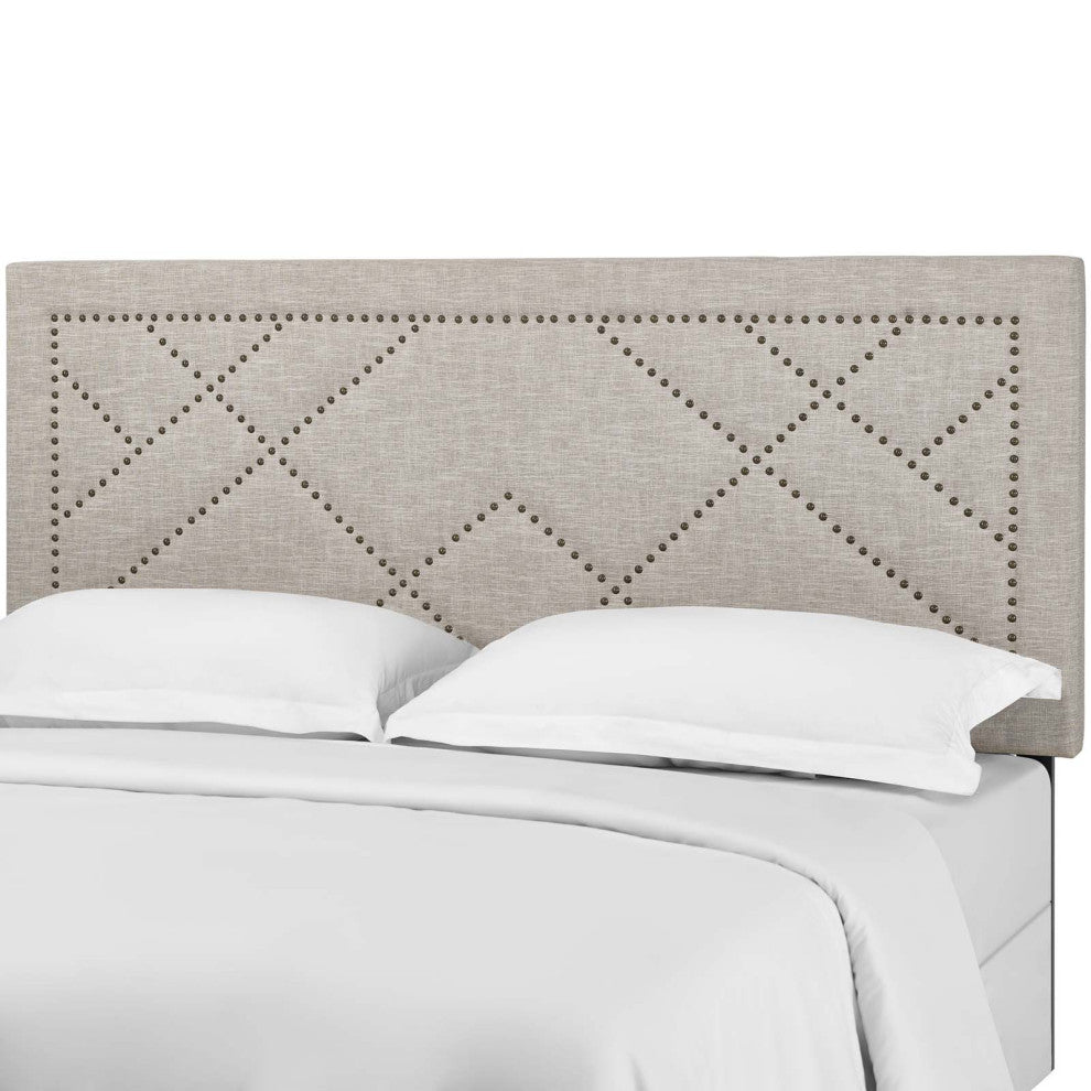Contemporary Modern Full and Queen Size Headboard, Rivet Nail, Fabric, Beige