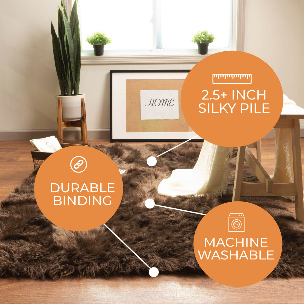 Plush and Soft Faux Sheepskin Fur Shag Area Rug, Dark Brown, 4' X 6'