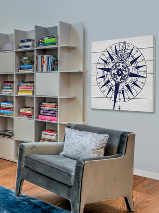 "Blue Compass" Painting Print on White Wood