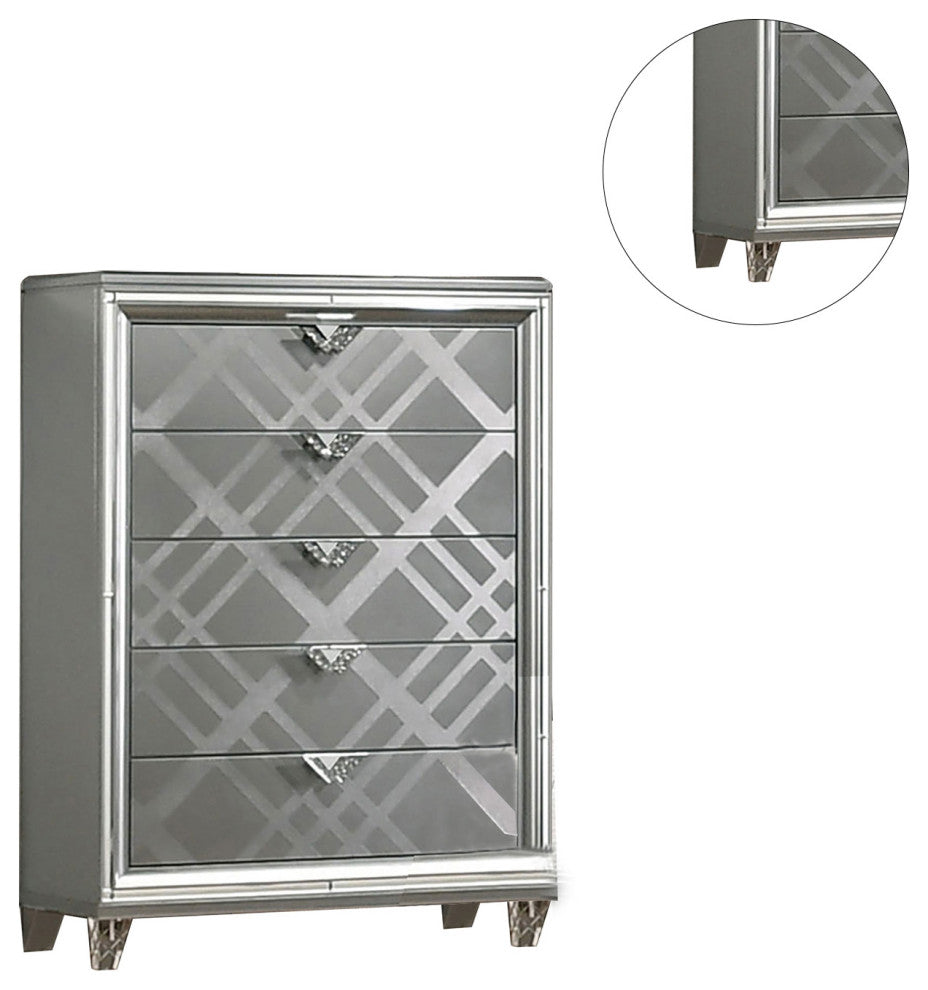 Mirror and Wood Chest with 5 Drawers, Silver
