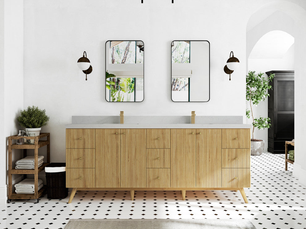 Pasadena 84 Double Sink Bath Vanity in Light Natural Teak 2" Carrara Quartz