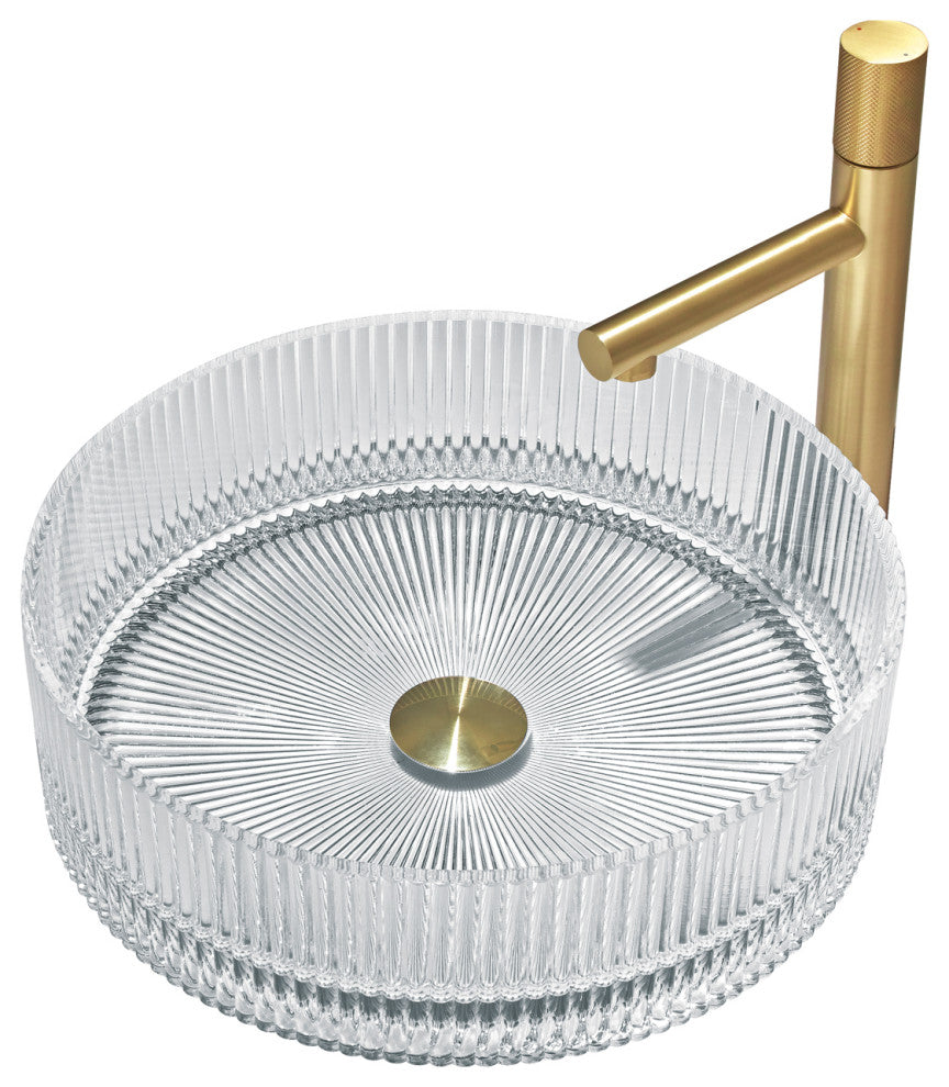 CastelloUSA Cowrie Tempered Glass Crystal Round Bathroom Vessel Sink, Clear, 16"