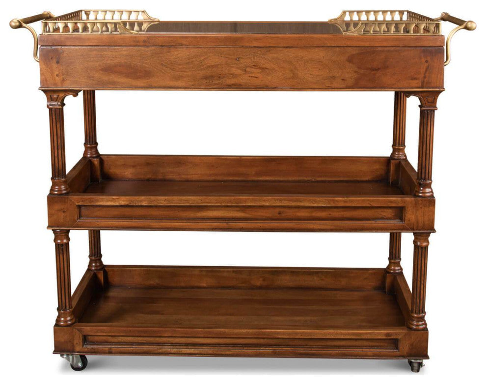 Traditional Style Walnut Rolling Bar Cart