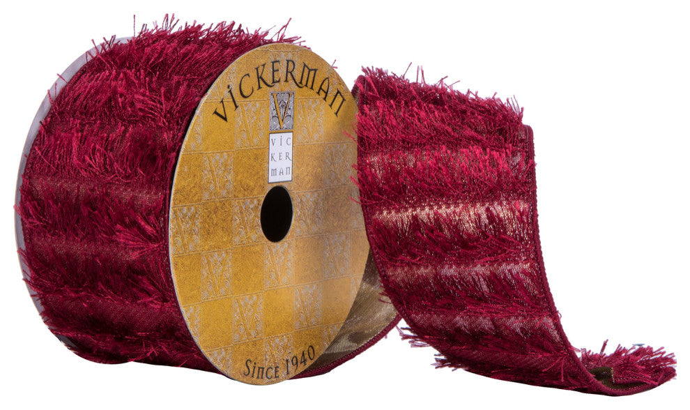 Vickerman Q201960 2.5"X10 Burgundy Fringe With Gold Backing Christmas Ribbon