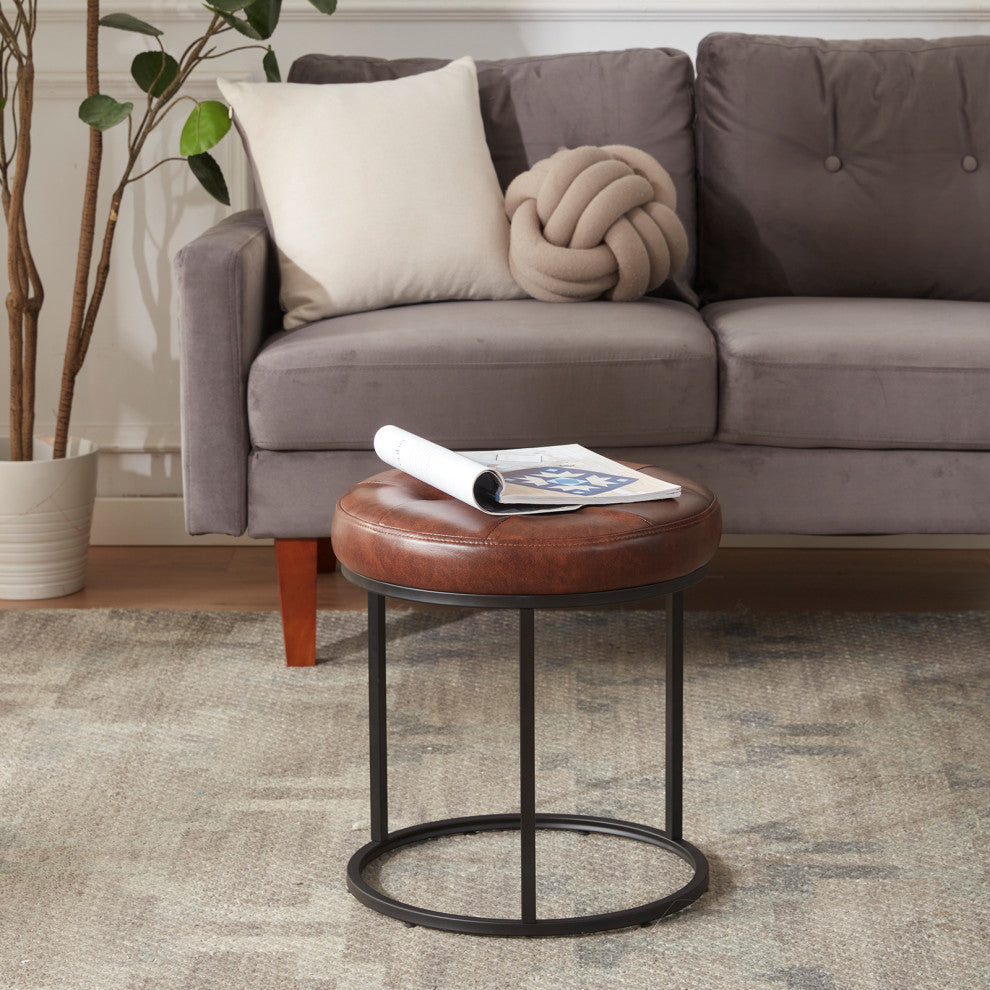 Round Open Base Faux Leather Vanity Stool, Dark Brown