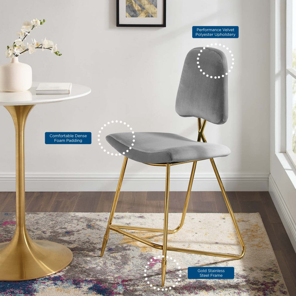 Counter Stool Chair, Set of 2, Velvet, Metal, Gray, Modern, Bar Pub Bistro