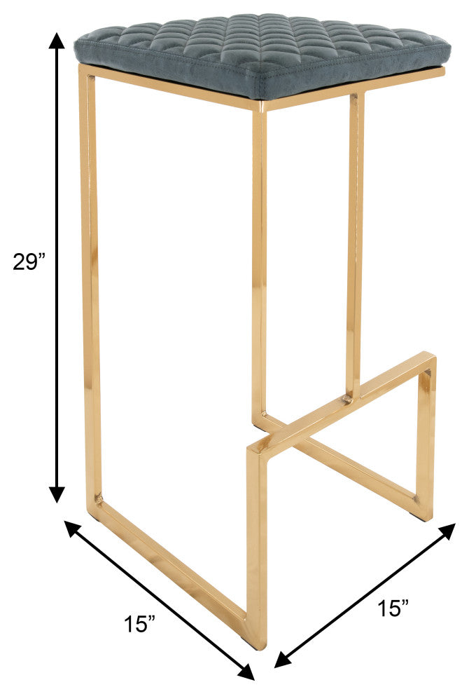 Quincy Leather Barstool Square Seats and Gold Metal Frame, Peacock Blue