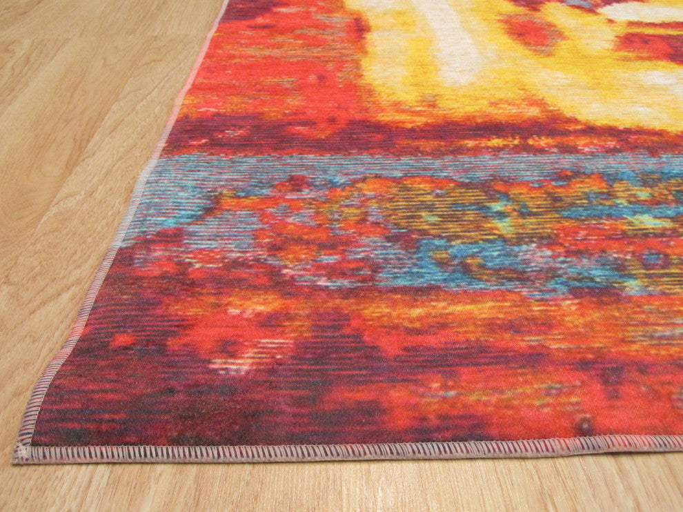 Red Distressed Bohemian Moderno Art Rug, 4' 4x6' 3