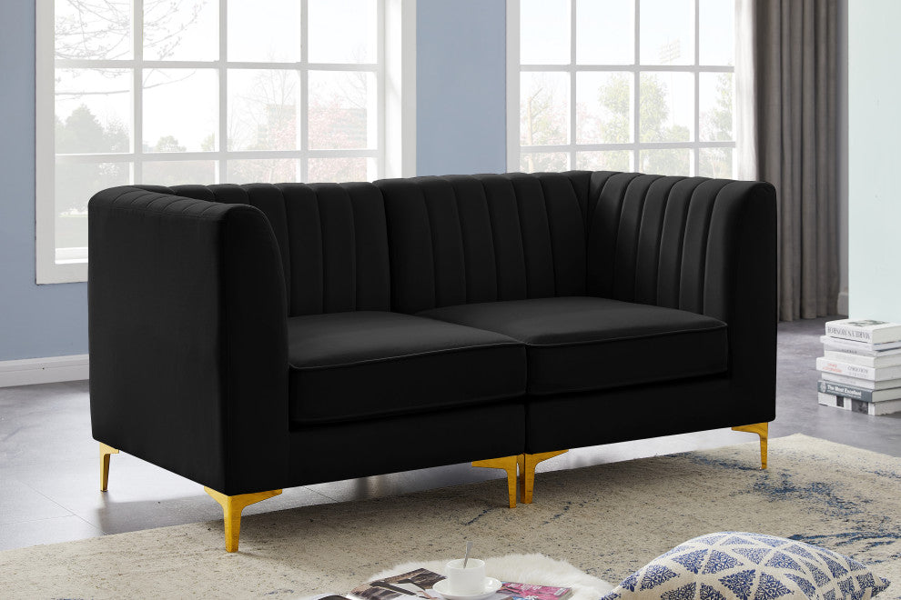 Alina Velvet Upholstered 2-Piece Modular Sofa, Black