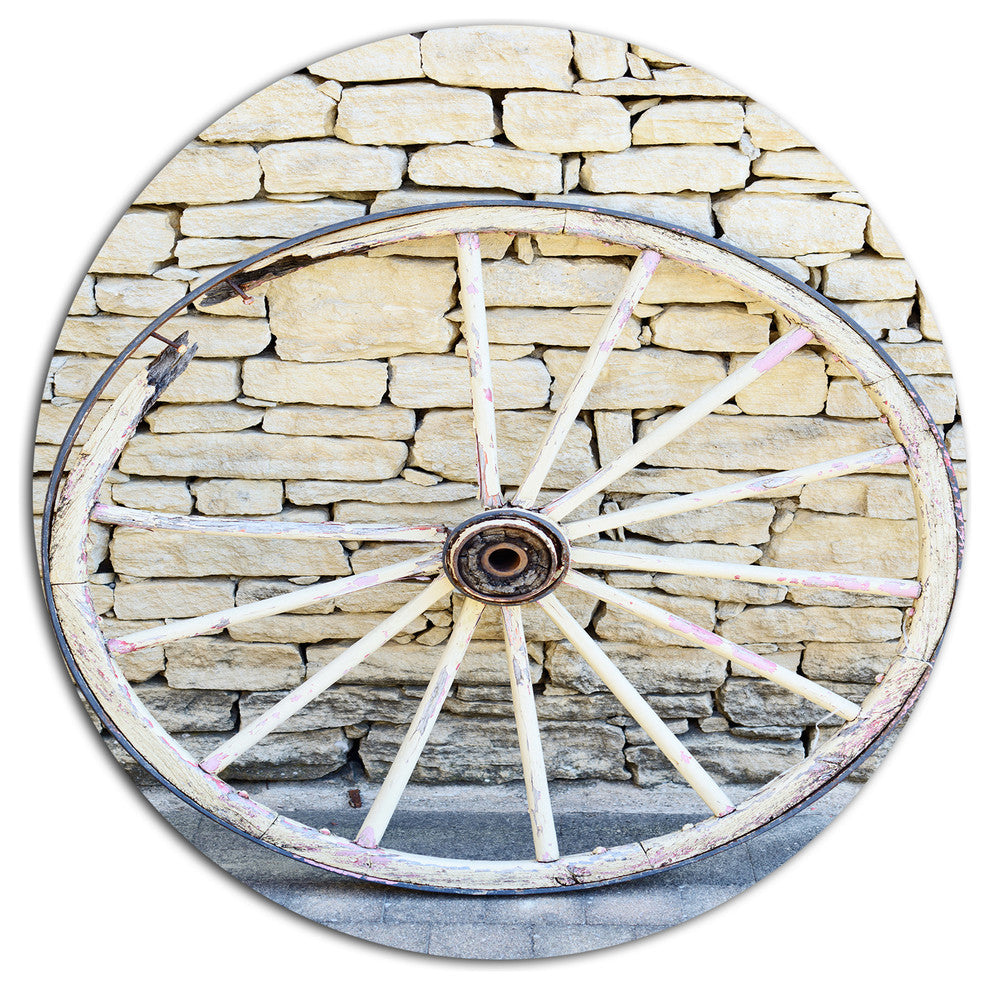Old Vintage Broken Wood Wheel, Landscape Disc Metal Artwork, 23"
