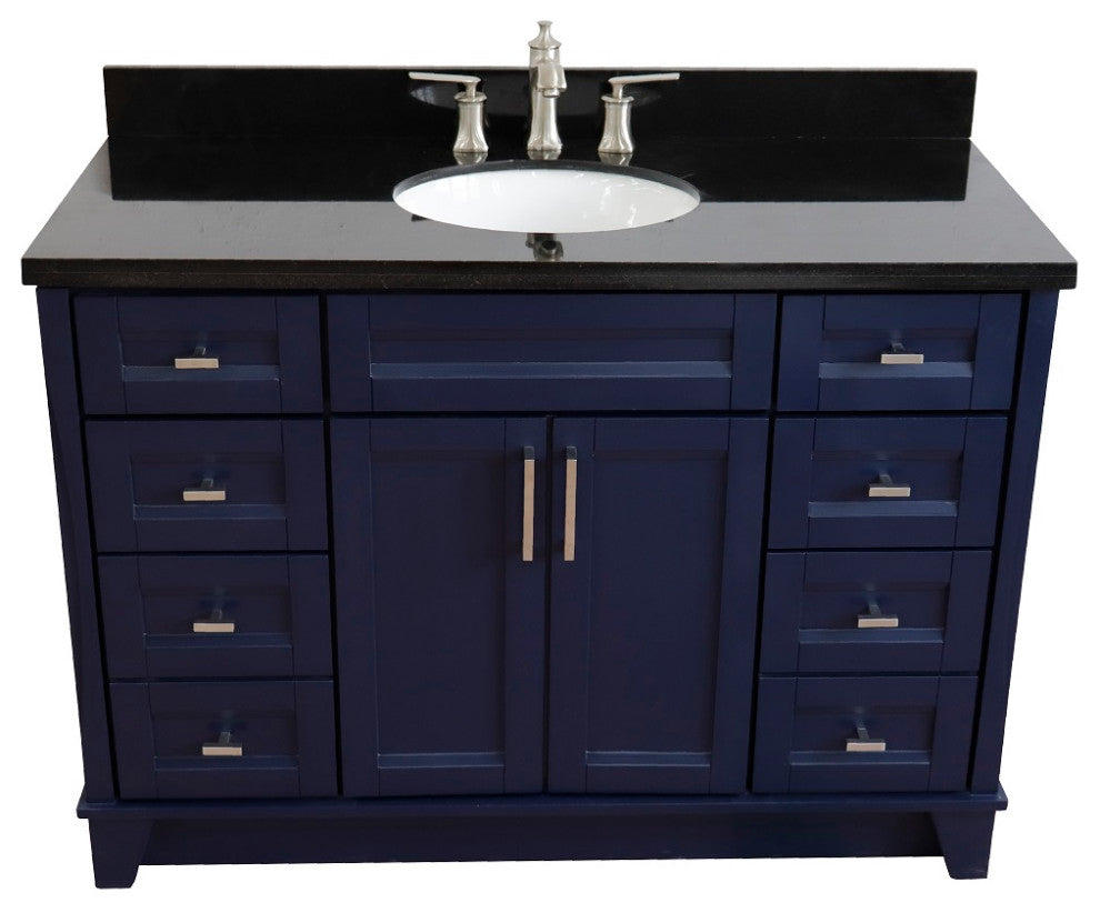 49" Single Sink Vanity, Blue Finish With Black Galaxy Granite And Oval Sink
