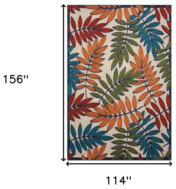 10' X 13' Beige Green And Orange Floral Non Skid Indoor Outdoor Area Rug