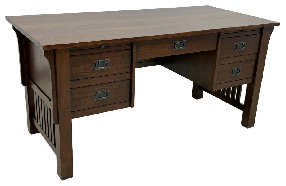 Mission Solid Quarter Sawn Oak Desk, Library Table With 5-Drawers Walnut