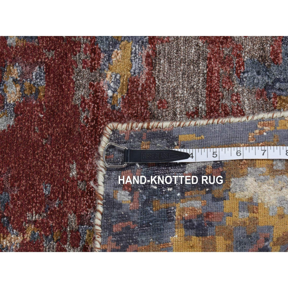 Thunder Gray Modern Abstract Wool and Silk Hand Knotted Runner Rug, 2'6"x10'