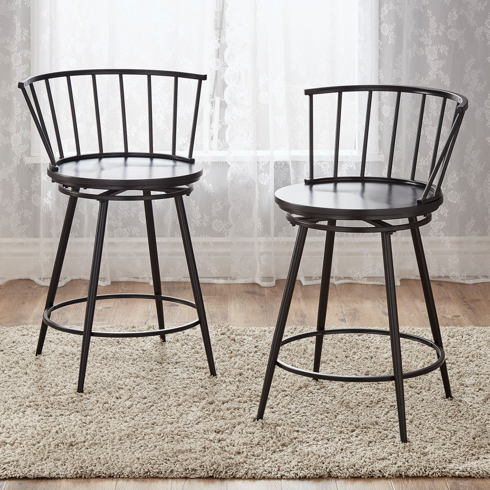 Nelia Low Windsor Swivel 24" Counter Stool, Set of 2, Black