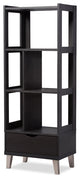 Kalien Dark Brown Wood Leaning Bookcase With Display Shelves and One Drawer
