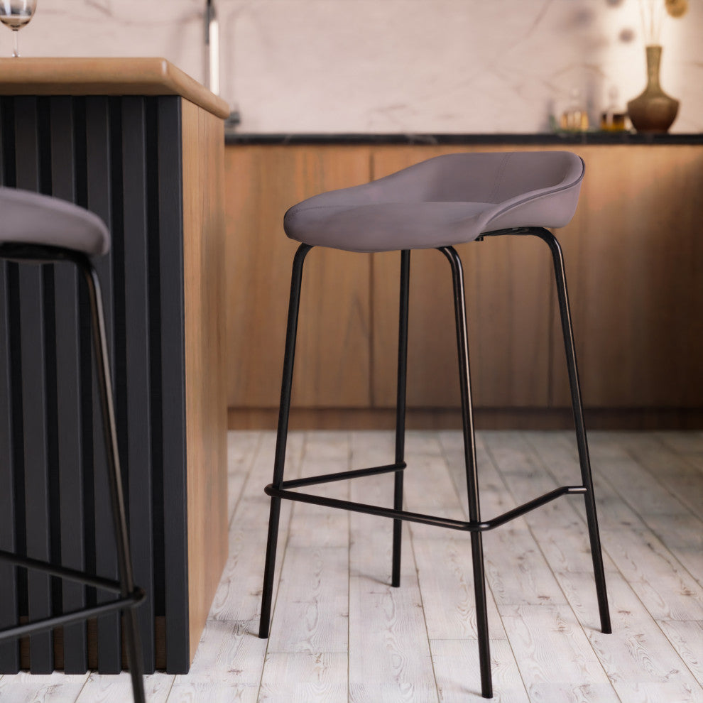 LeisureMod Servos Barstool With Faux Leather Seat and Iron Frame, Light Gray