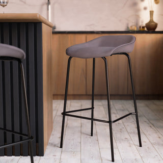 LeisureMod Servos Barstool With Faux Leather Seat and Iron Frame, Light Gray